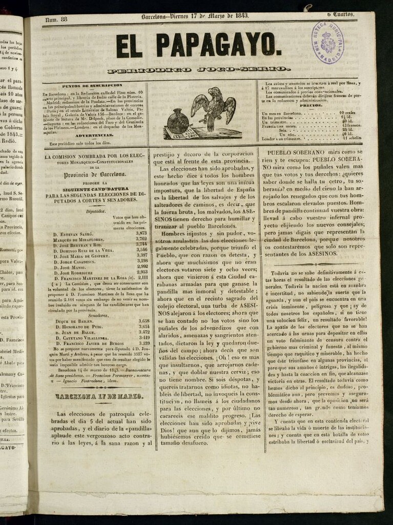 Miniatura de El Papagayo : periódico satírico, joco-serio, político, comercial y teatral del 17 de marzo de 1843