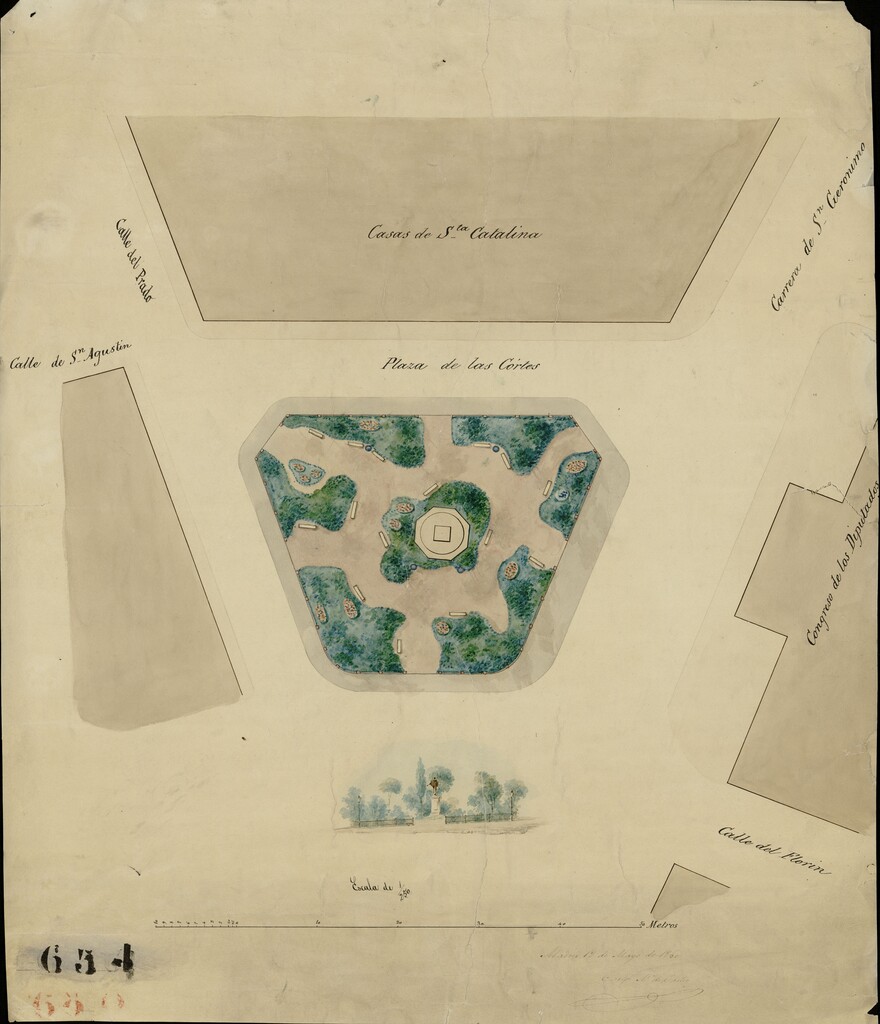 Miniatura de Plano del jardín de la plaza de las Cortes y las calles del Prado.