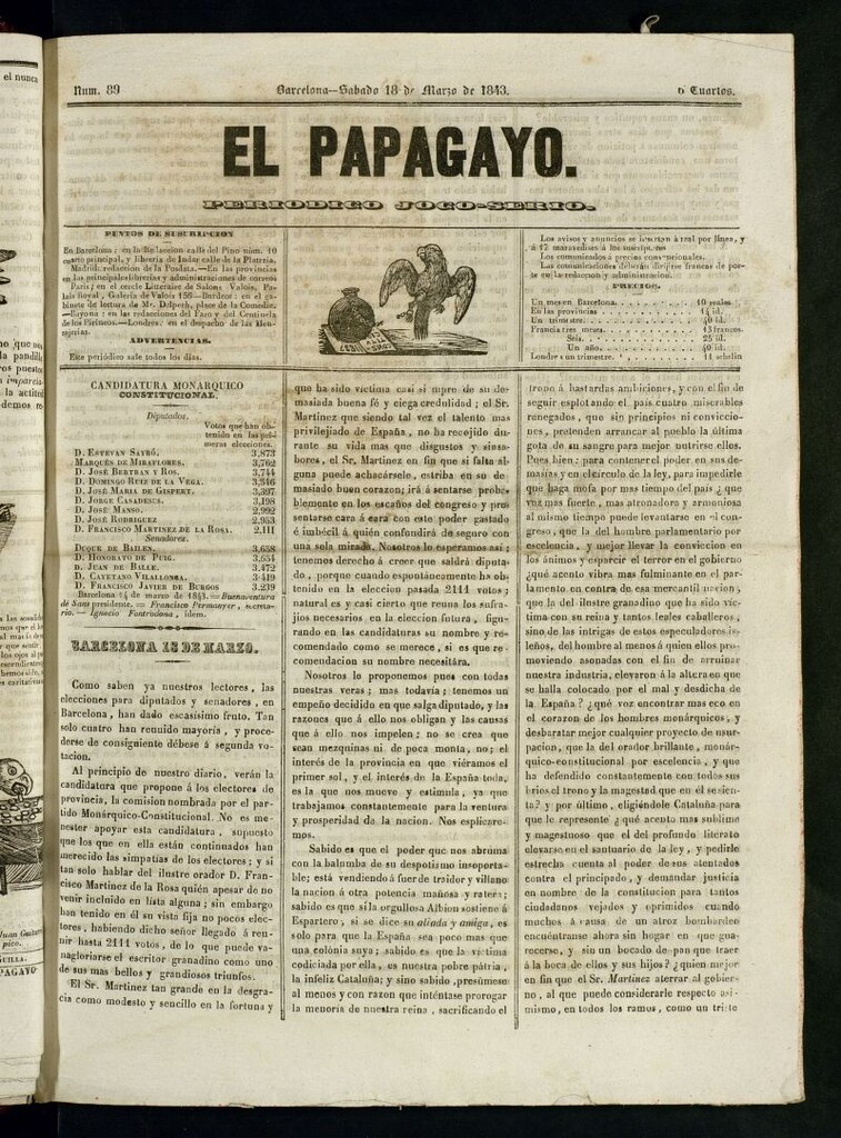 Miniatura de El Papagayo : periódico satírico, joco-serio, político, comercial y teatral del 18 de marzo de 1843