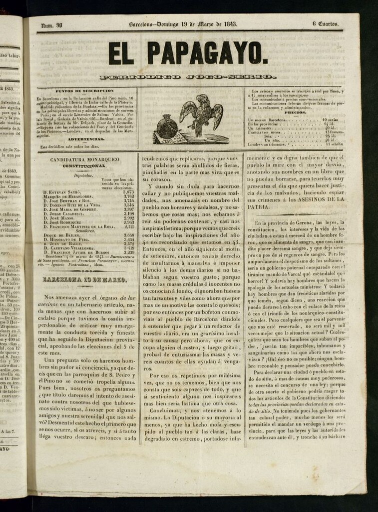Miniatura de El Papagayo : periódico satírico, joco-serio, político, comercial y teatral del 19 de marzo de 1843