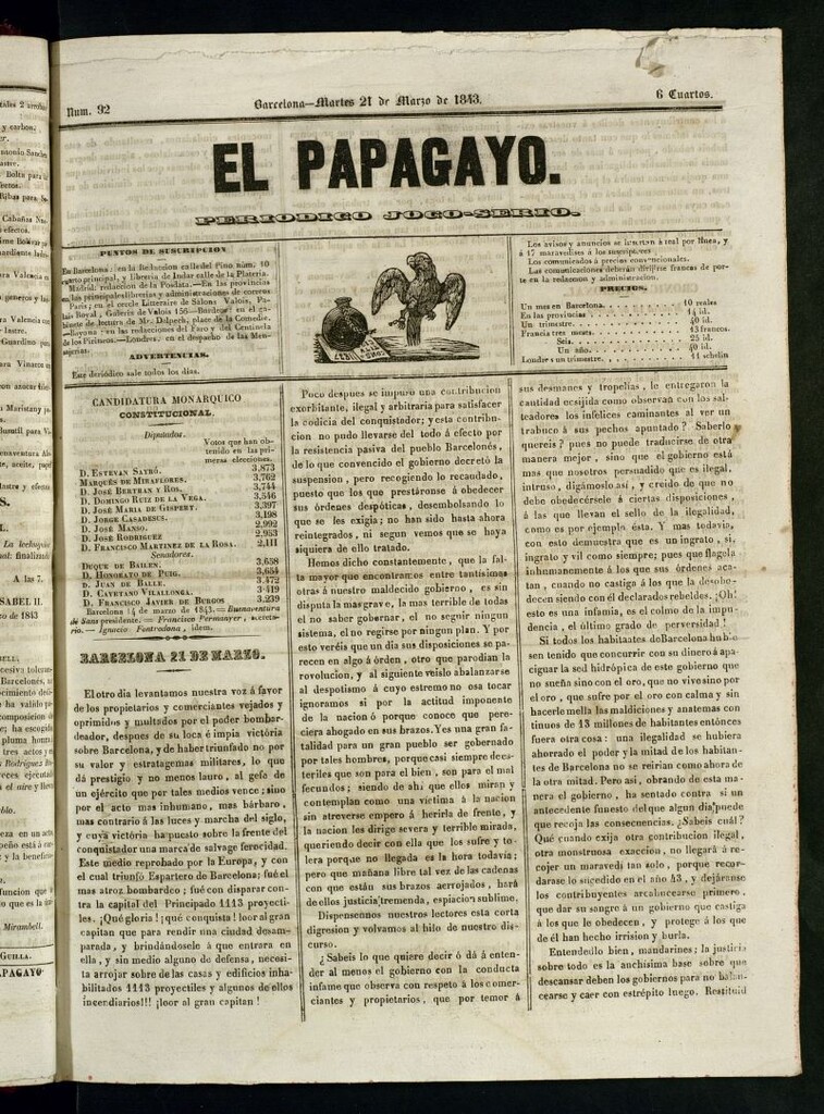 Miniatura de El Papagayo : periódico satírico, joco-serio, político, comercial y teatral del 21 de marzo de 1843