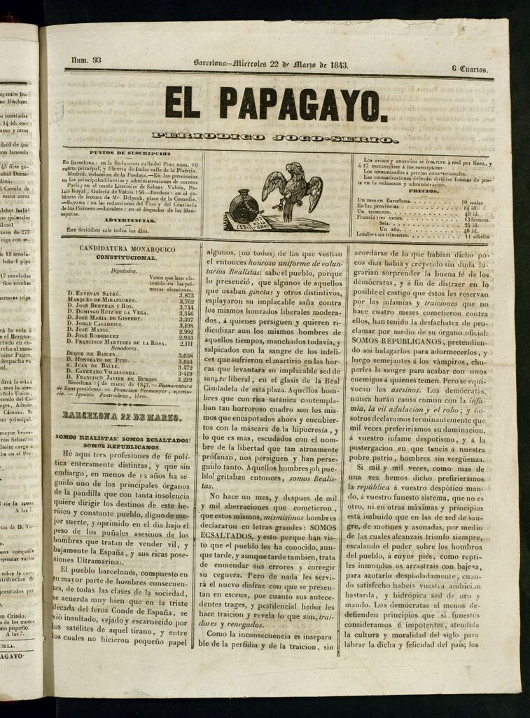 Miniatura de El Papagayo : periódico satírico, joco-serio, político, comercial y teatral del 22 de marzo de 1843
