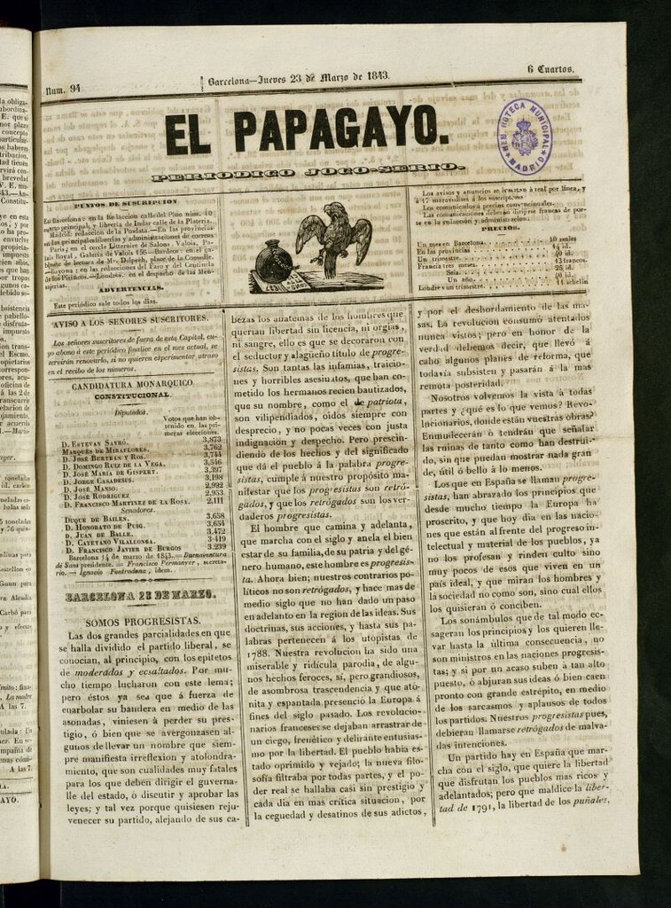 Miniatura de El Papagayo : periódico satírico, joco-serio, político, comercial y teatral del 23 de marzo de 1843