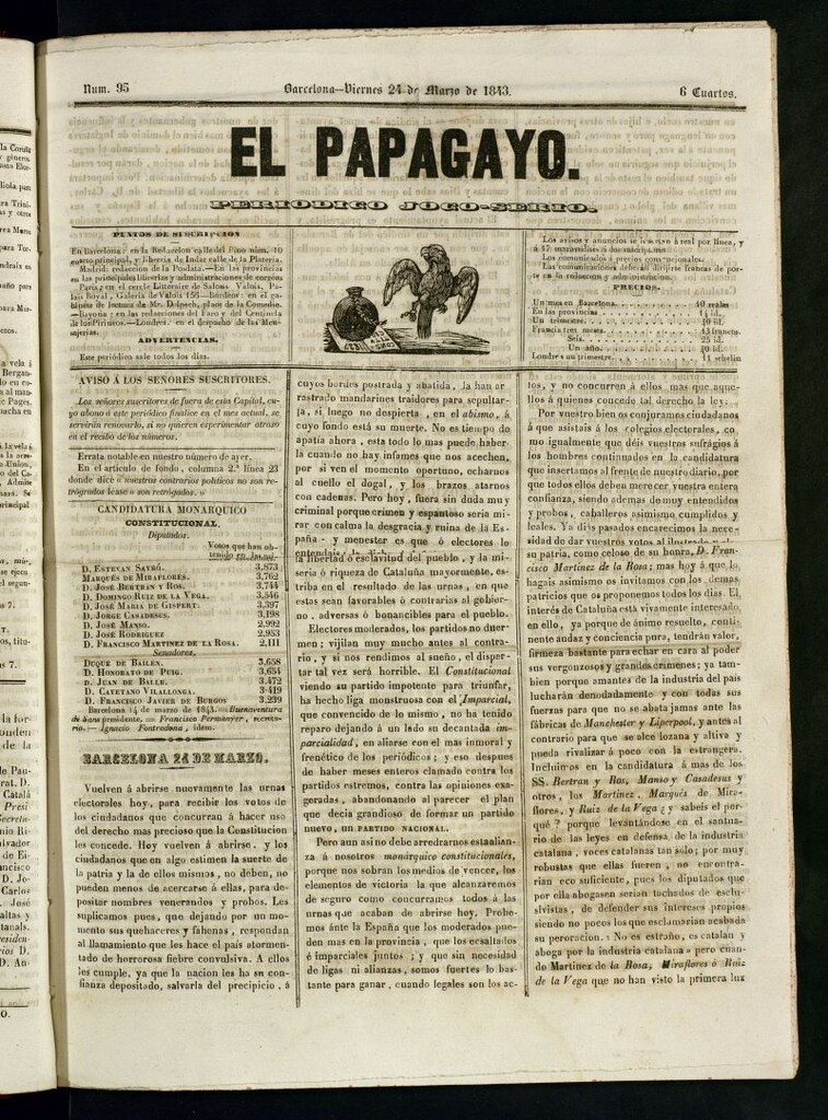 Miniatura de El Papagayo : periódico satírico, joco-serio, político, comercial y teatral del 24 de marzo de 1843