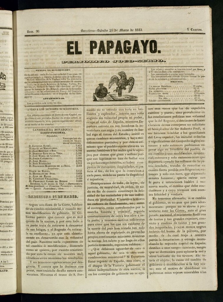 Miniatura de El Papagayo : periódico satírico, joco-serio, político, comercial y teatral del 25 de marzo de 1843