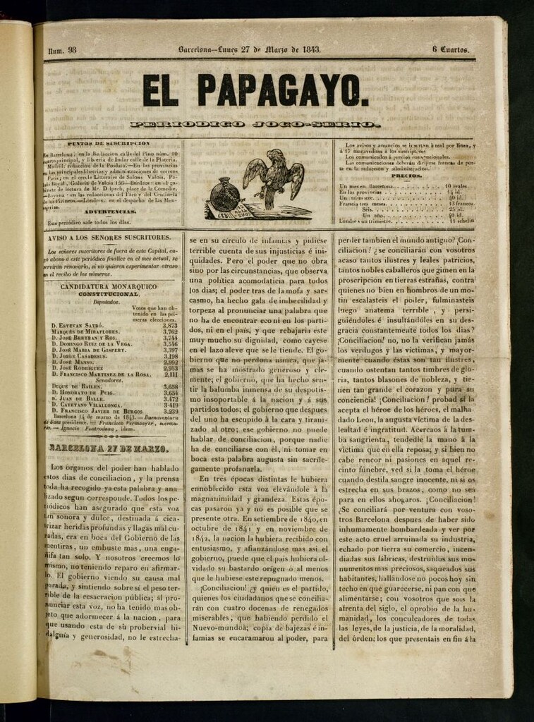 Miniatura de El Papagayo : periódico satírico, joco-serio, político, comercial y teatral del 27 de marzo de 1843