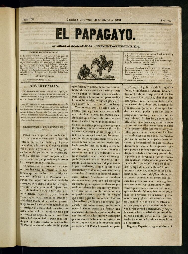 Miniatura de El Papagayo : periódico satírico, joco-serio, político, comercial y teatral del 29 de marzo de 1843