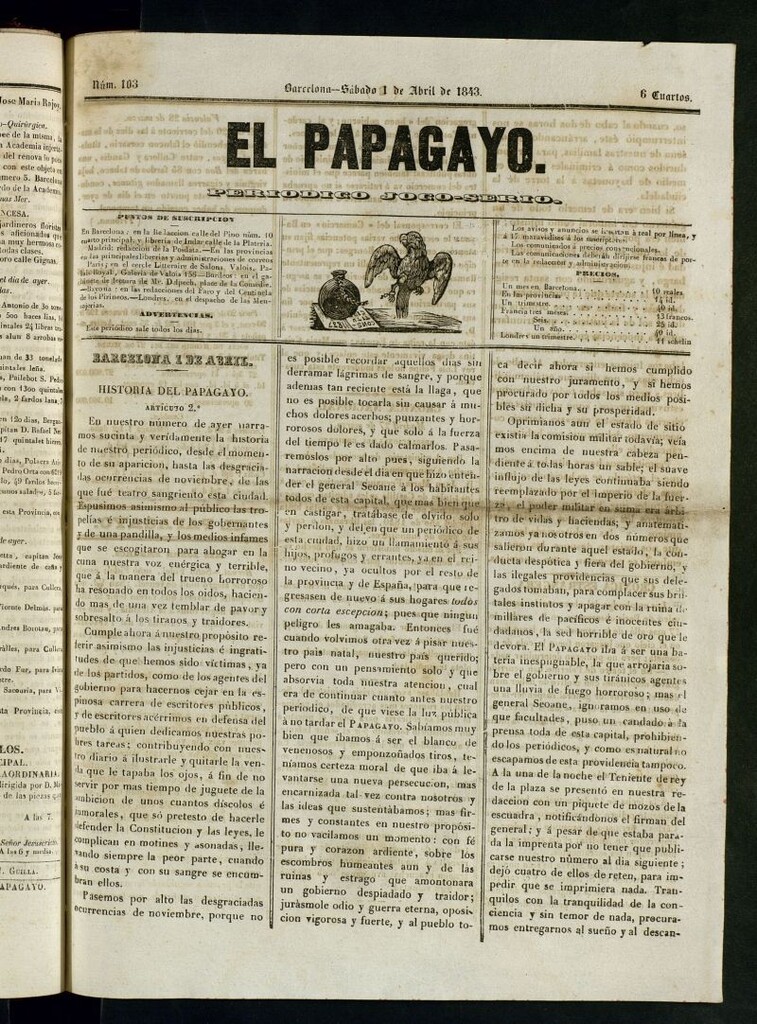 Miniatura de El Papagayo : periódico satírico, joco-serio, político, comercial y teatral del 1 de abril de 1843