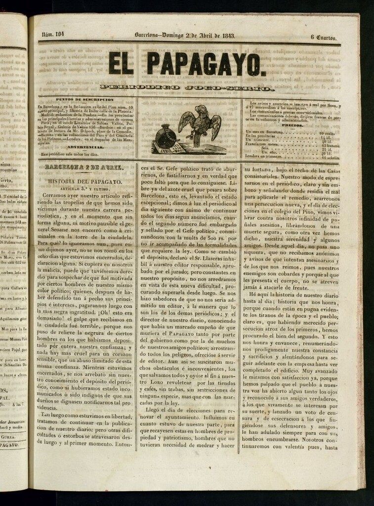 Miniatura de El Papagayo : periódico satírico, joco-serio, político, comercial y teatral del 2 de abril de 1843