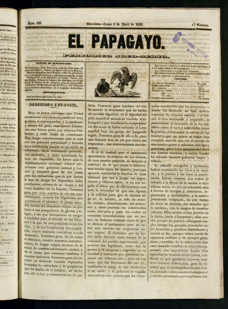Miniatura de El Papagayo : periódico satírico, joco-serio, político, comercial y teatral del 3 de abril de 1843