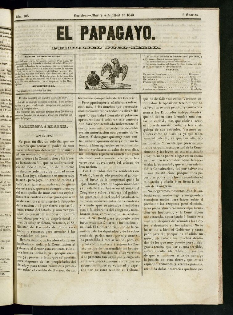 Miniatura de El Papagayo : periódico satírico, joco-serio, político, comercial y teatral del 4 de abril de 1843