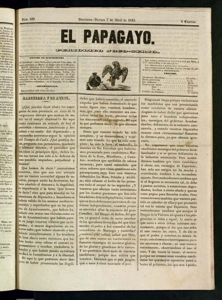Miniatura de El Papagayo : periódico satírico, joco-serio, político, comercial y teatral del 7 de abril de 1843