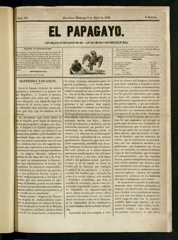 Miniatura de El Papagayo : periódico satírico, joco-serio, político, comercial y teatral del 9 de abril de 1843
