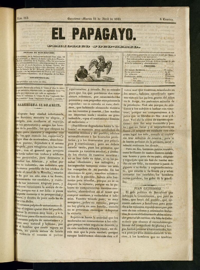 Miniatura de El Papagayo : periódico satírico, joco-serio, político, comercial y teatral del 11 de abril de 1843