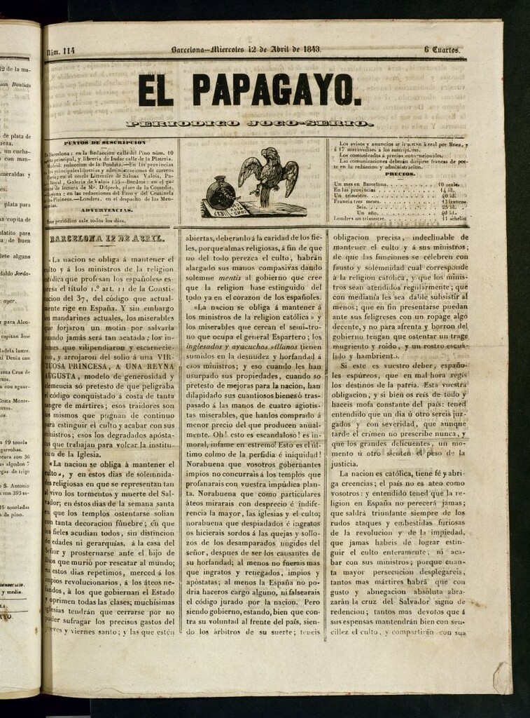 Miniatura de El Papagayo : periódico satírico, joco-serio, político, comercial y teatral del 12 de abril de 1843