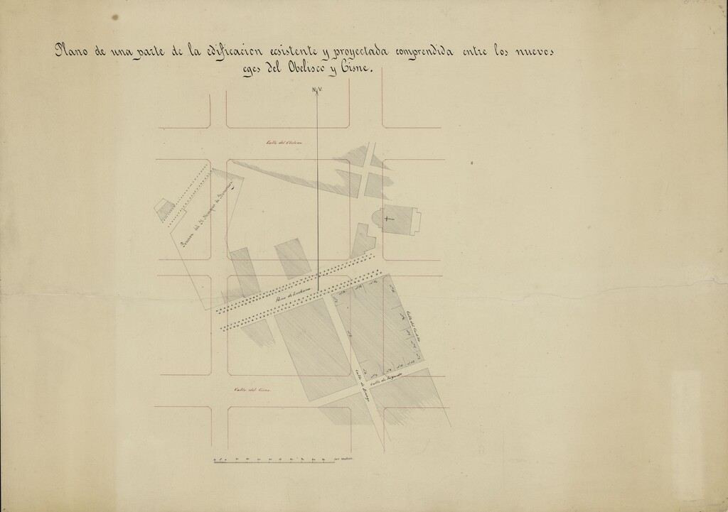 Miniatura de Plano de una parte de la edificación existente y proyectada comprendida entre los nuevos ejes del paseo del Obelisco y Cisne