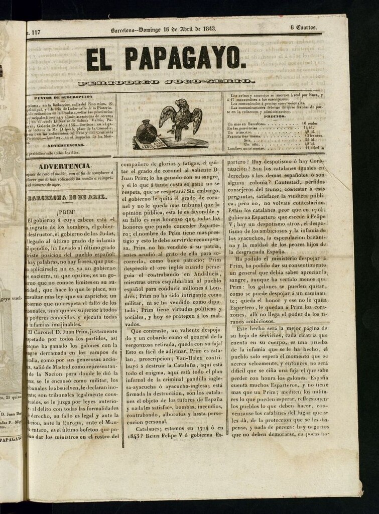 Miniatura de El Papagayo : periódico satírico, joco-serio, político, comercial y teatral del 16 de abril de 1843