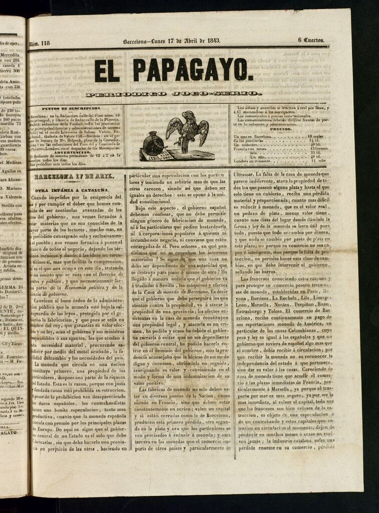 Miniatura de El Papagayo : periódico satírico, joco-serio, político, comercial y teatral del 17 de abril de1843