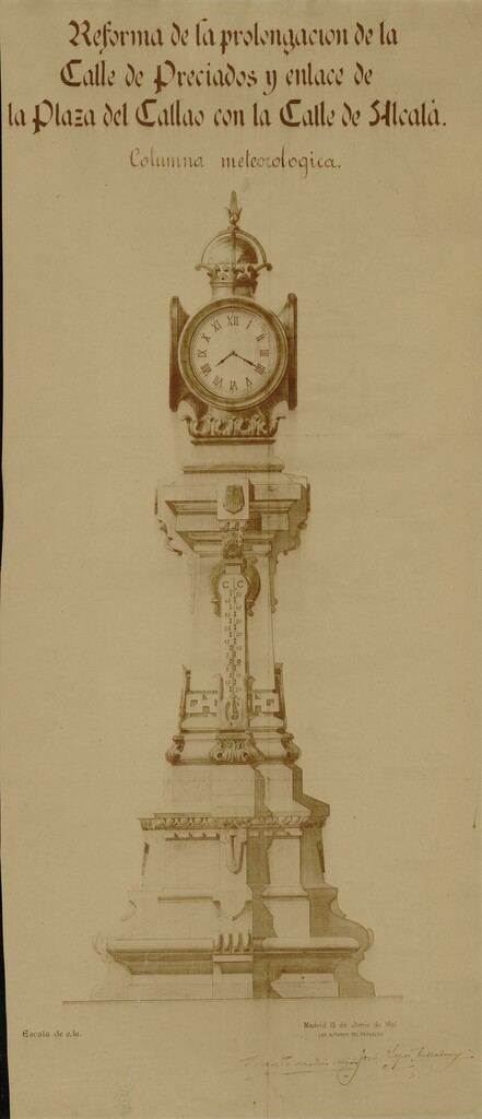 Miniatura de Reforma de la prolongación de la calle Preciados y enlace de la plaza del Callao con la calle de Alcalá. Columna meteorológica
