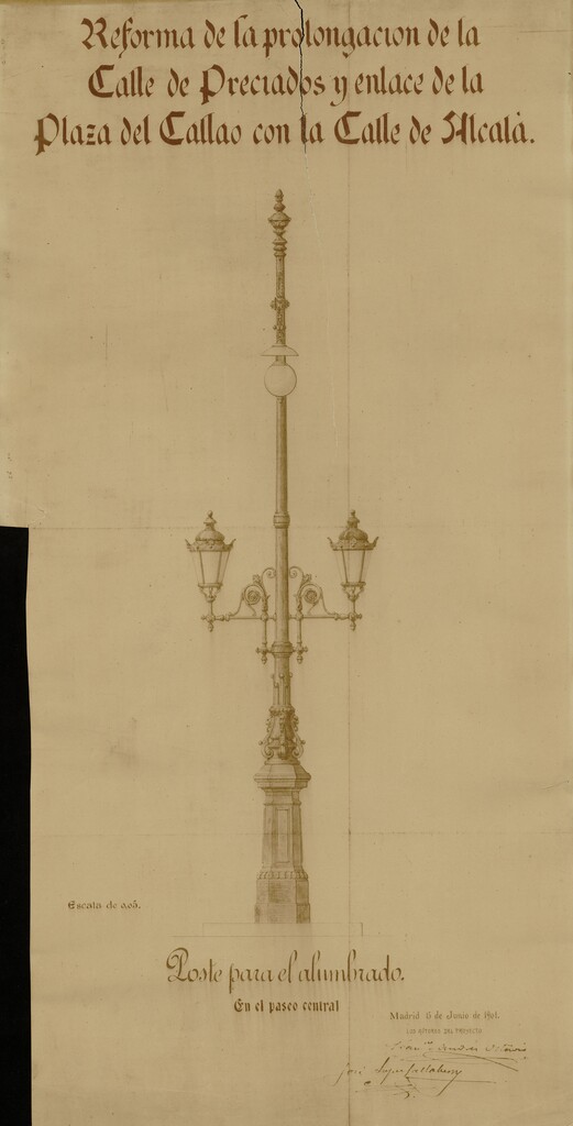 Miniatura de Reforma de la prolongación de la calle Preciados y enlace de la plaza del Callao con la calle de Alcalá. Poste para el alumbrado