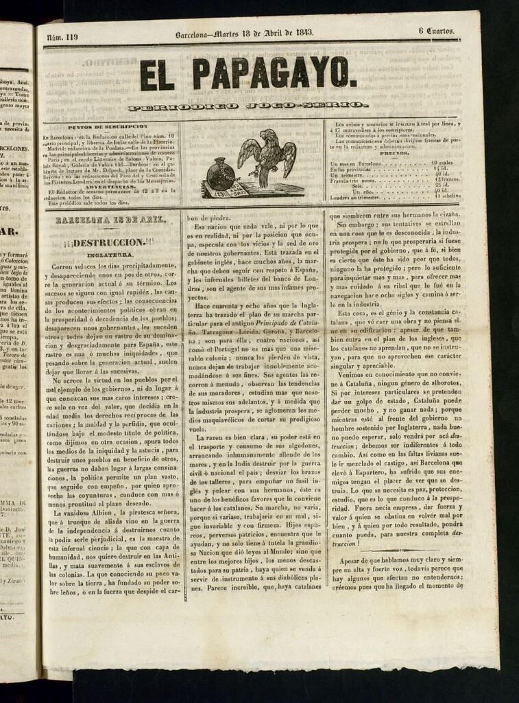 Miniatura de El Papagayo : periódico satírico, joco-serio, político, comercial y teatral del 18 de abril de 1843