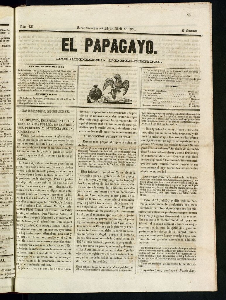 Miniatura de El Papagayo : periódico satírico, joco-serio, político, comercial y teatral del 20 de abril de 1843