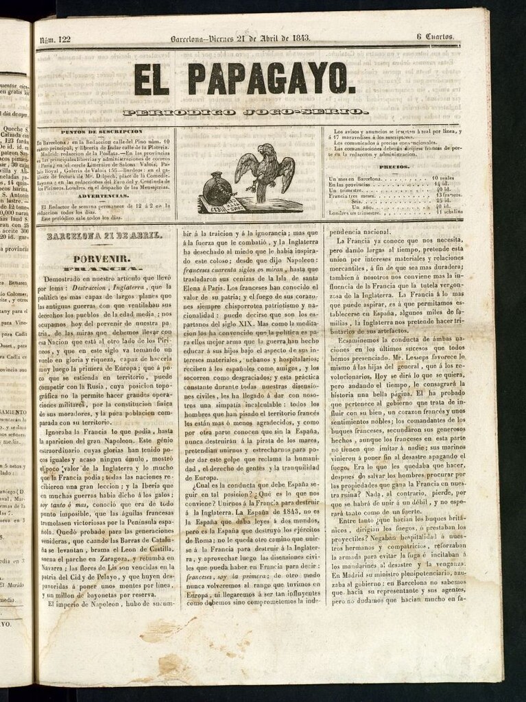 Miniatura de El Papagayo : periódico satírico, joco-serio, político, comercial y teatral del 21 de abril de 1843