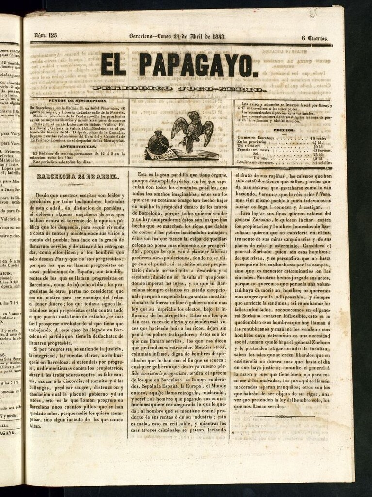 Miniatura de El Papagayo : periódico satírico, joco-serio, político, comercial y teatral del 24 de abril de 1843