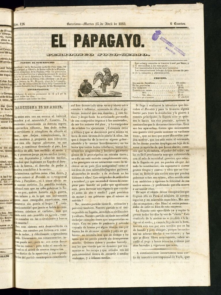 Miniatura de El Papagayo : periódico satírico, joco-serio, político, comercial y teatral del 25 de abril de 1843