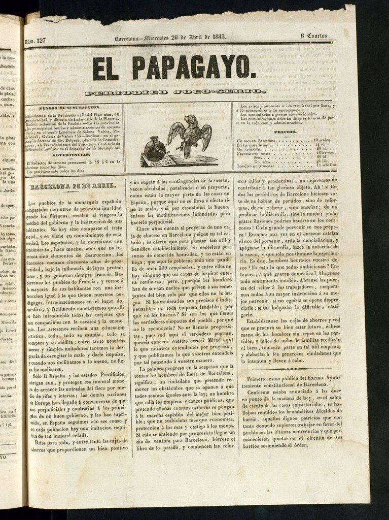Miniatura de El Papagayo : periódico satírico, joco-serio, político, comercial y teatral del 26 de abrilde 1843