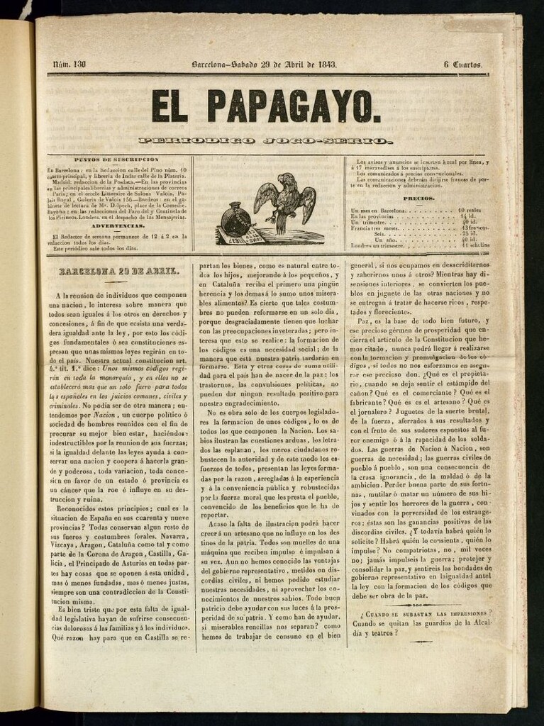 Miniatura de El Papagayo : periódico satírico, joco-serio, político, comercial y teatral del 29 de abril de 1843