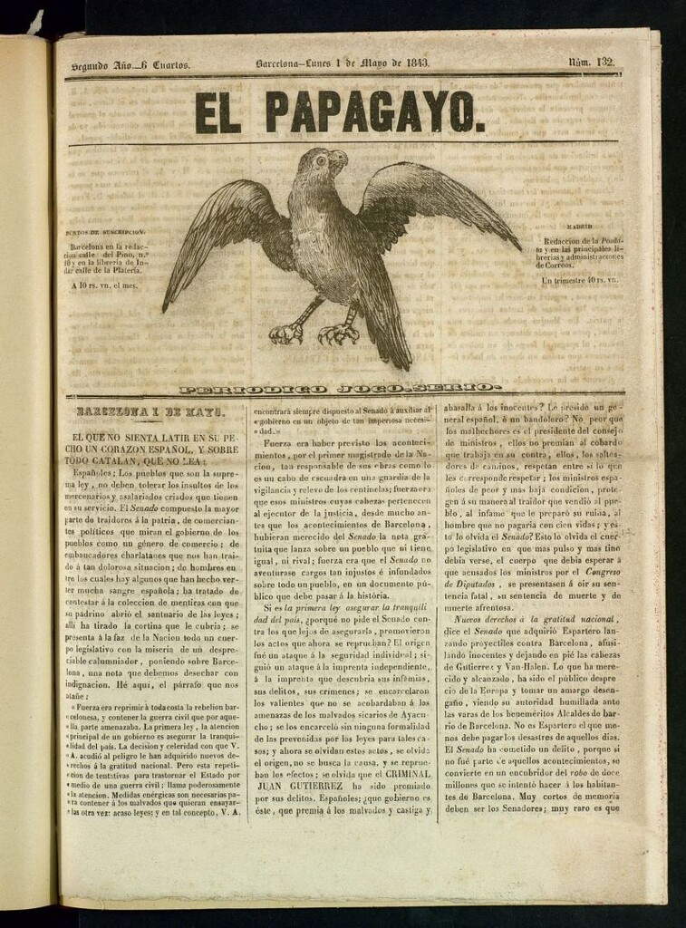 Miniatura de El Papagayo : periódico satírico, joco-serio, político, comercial y teatral del 1 de mayo de 1843