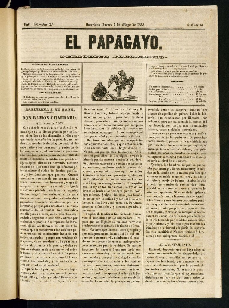 Miniatura de El Papagayo : periódico satírico, joco-serio, político, comercial y teatral del 4 de mayo de 1843