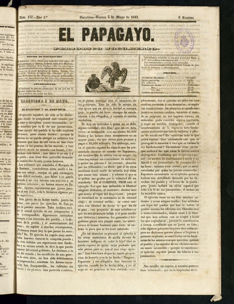 Miniatura de El Papagayo : periódico satírico, joco-serio, político, comercial y teatral del 5 de mayo de 1843