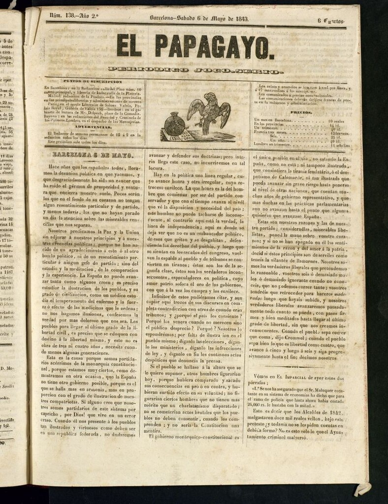 Miniatura de El Papagayo : periódico satírico, joco-serio, político, comercial y teatral del 6 de mayo de 1843