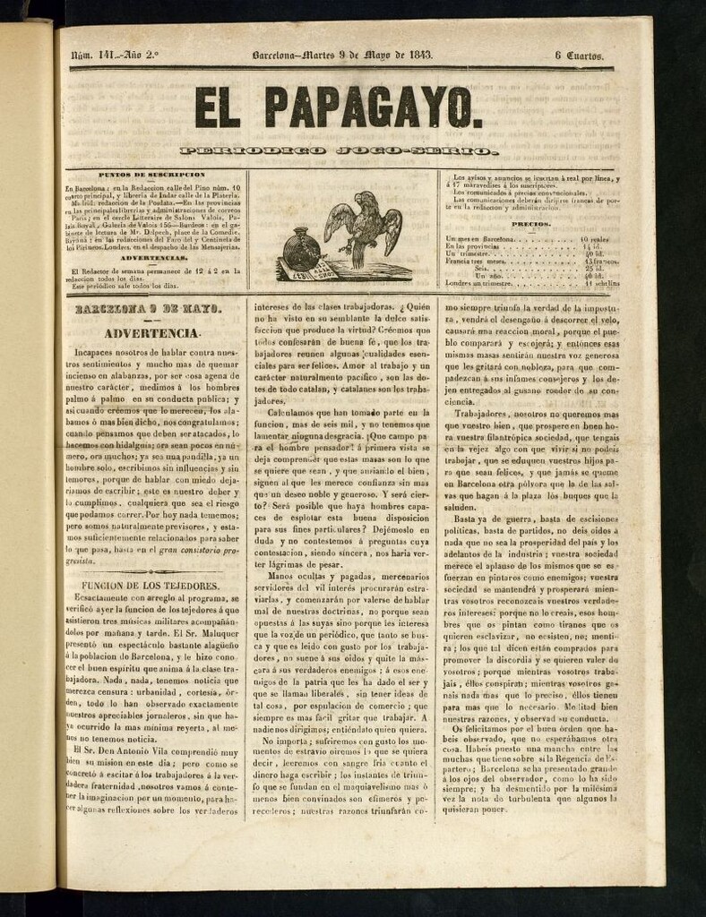 Miniatura de El Papagayo : periódico satírico, joco-serio, político, comercial y teatral del 9 de mayo de 1843