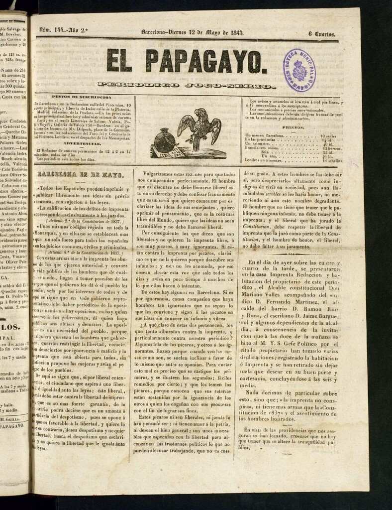 Miniatura de El Papagayo : periódico satírico, joco-serio, político, comercial y teatral del 12 de mayo de 1843