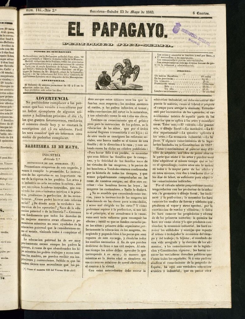 Miniatura de El Papagayo : periódico satírico, joco-serio, político, comercial y teatral del 13 de mayo de 1843
