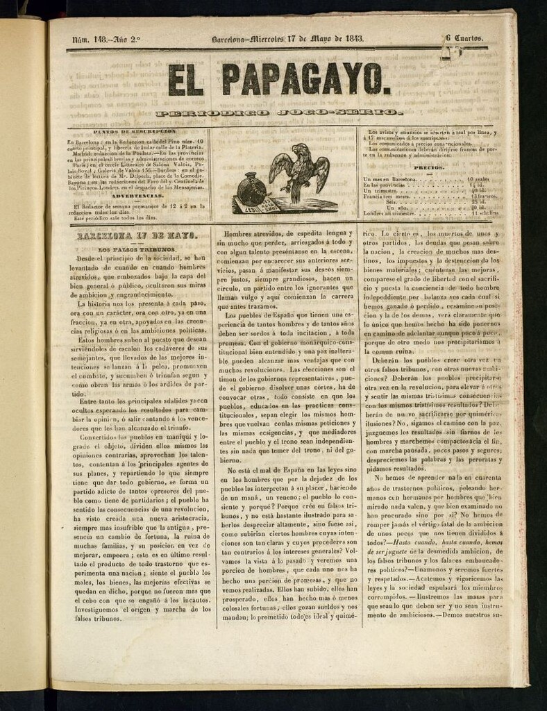 Miniatura de El Papagayo : periódico satírico, joco-serio, político, comercial y teatral del 17 de mayo de 1843