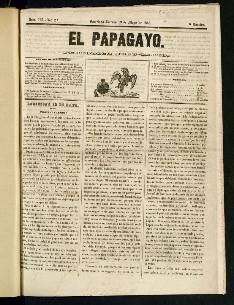 Miniatura de El Papagayo : periódico satírico, joco-serio, político, comercial y teatral del 19 de mayo de 1843