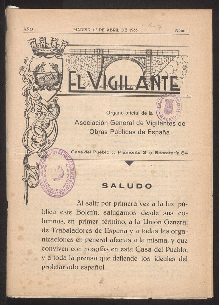 Miniatura de El Vigilante: Órgano Oficial de la Asociación General de Vigilantes de Obras Públicas de España