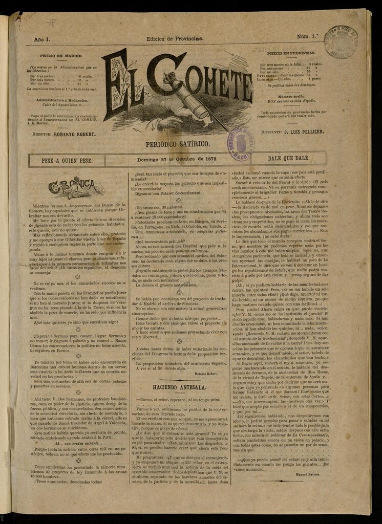 Miniatura de El Cohete: periódico satírico: pese a quien pese, dale que dale