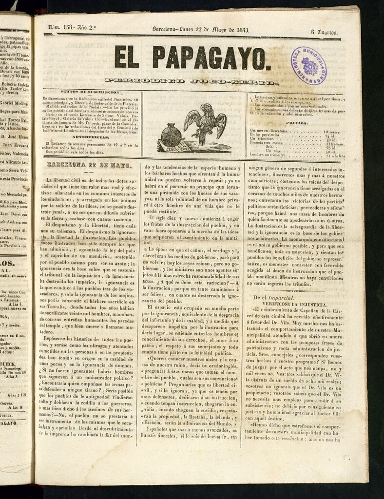 Miniatura de El Papagayo : periódico satírico, joco-serio, político, comercial y teatral del 22 de mayo de 1843