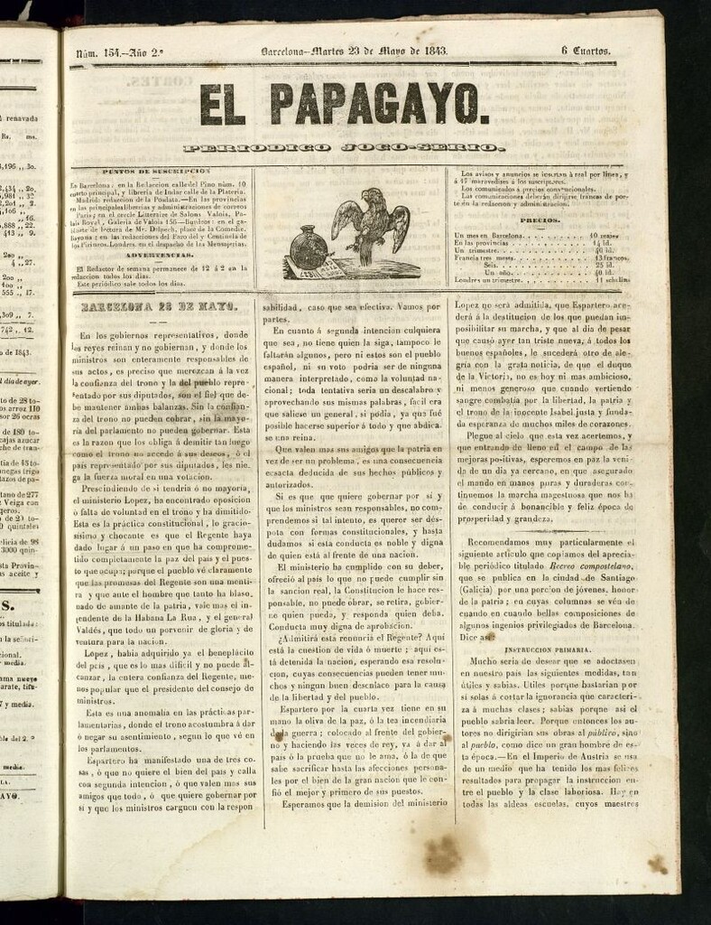 Miniatura de El Papagayo : periódico satírico, joco-serio, político, comercial y teatral del 23 de mayo de 1843