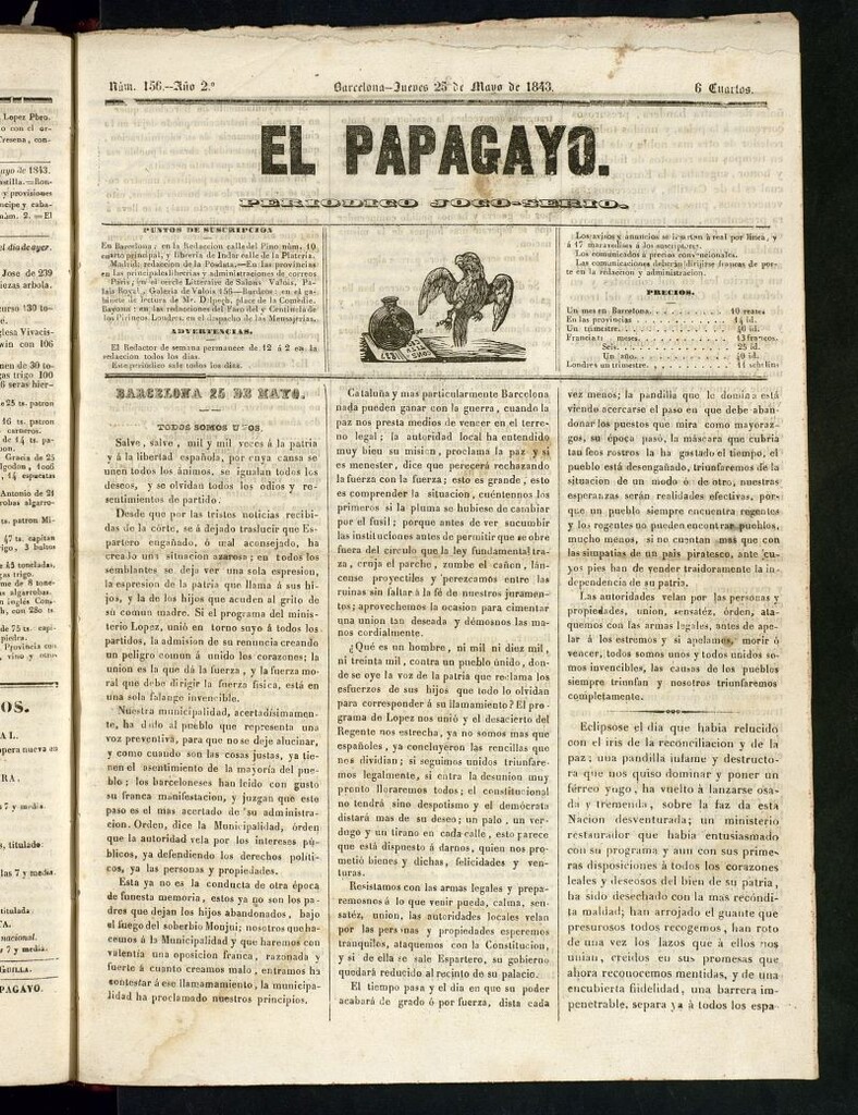 Miniatura de El Papagayo : periódico satírico, joco-serio, político, comercial y teatral del 25 de mayo de 1843