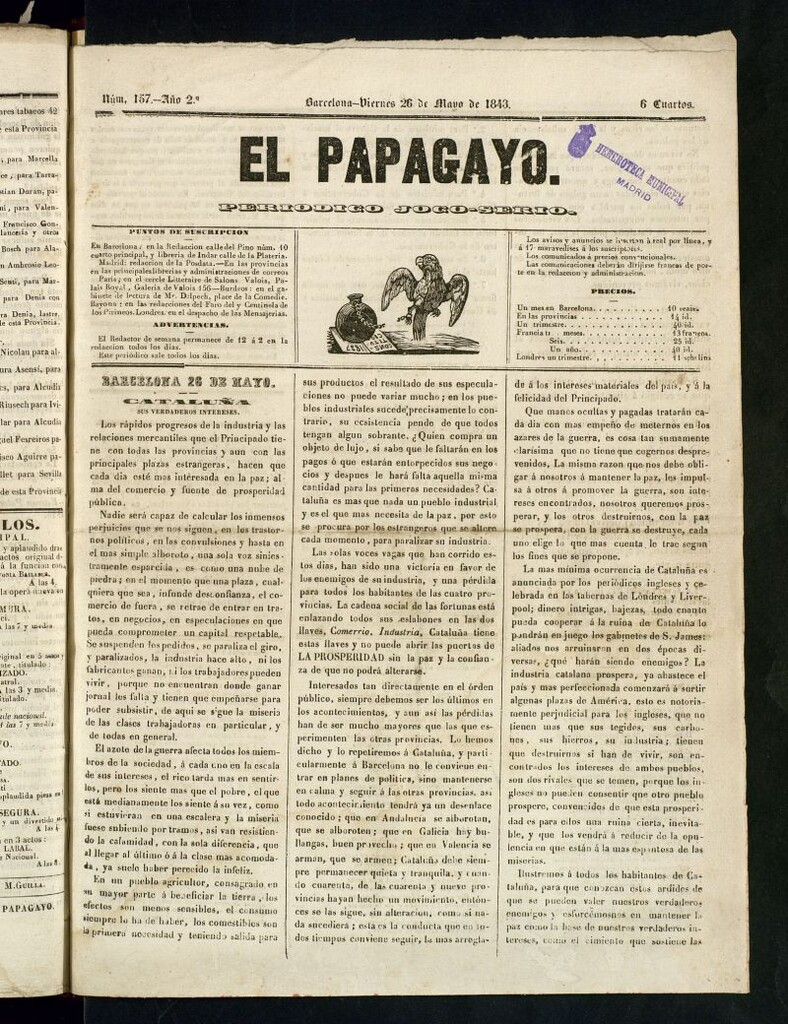 Miniatura de El Papagayo : periódico satírico, joco-serio, político, comercial y teatral del 26 de mayo de 1843