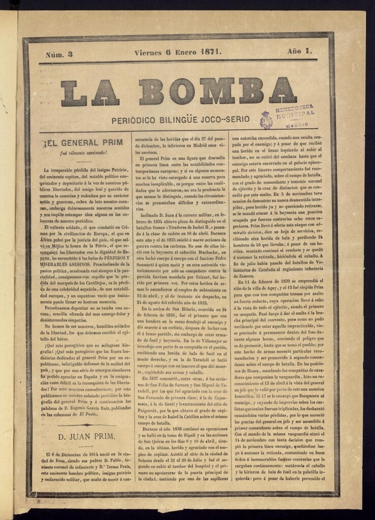 Miniatura de La Bomba: periódico bilingüe joco-serio