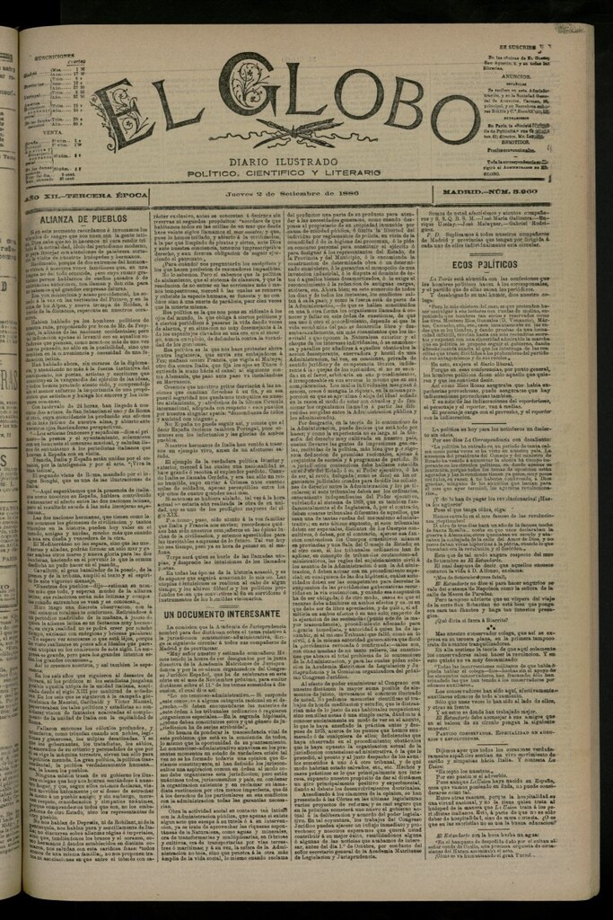 Miniatura de El Globo : diario ilustrado del 2 de septiembre de 1886, nº 3960