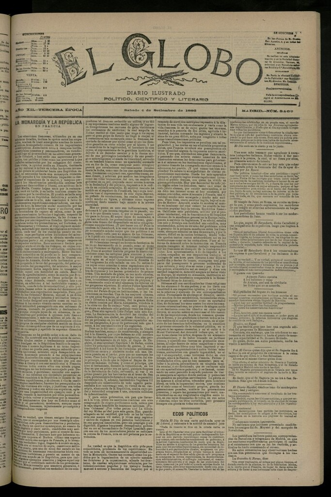 Miniatura de El Globo : diario ilustrado del 4 de septiembre de 1886, nº 3962