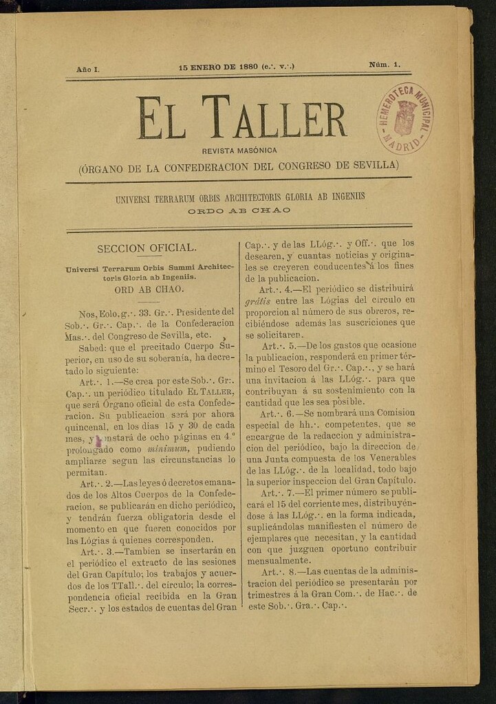Miniatura de El Taller: revista masónica: órgano de la Confederación del Congreso de Sevilla
